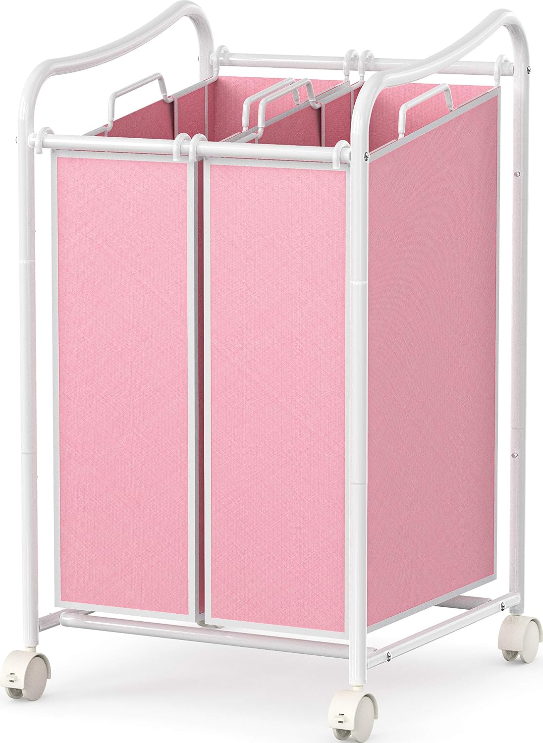 2-Bag Heavy Duty Laundry Sorter Rolling Cart, White/Pink