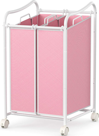 2-Bag Heavy Duty Laundry Sorter Rolling Cart, White/Pink