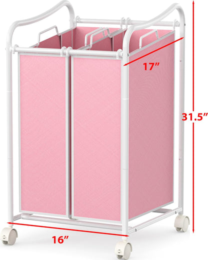 2-Bag Heavy Duty Laundry Sorter Rolling Cart, White/Pink