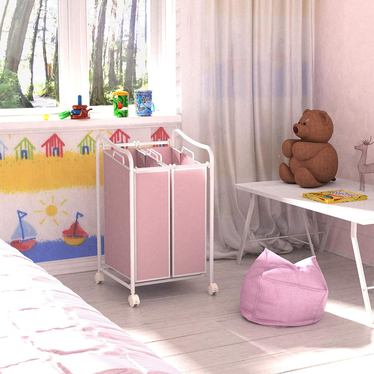 2-Bag Heavy Duty Laundry Sorter Rolling Cart, White/Pink