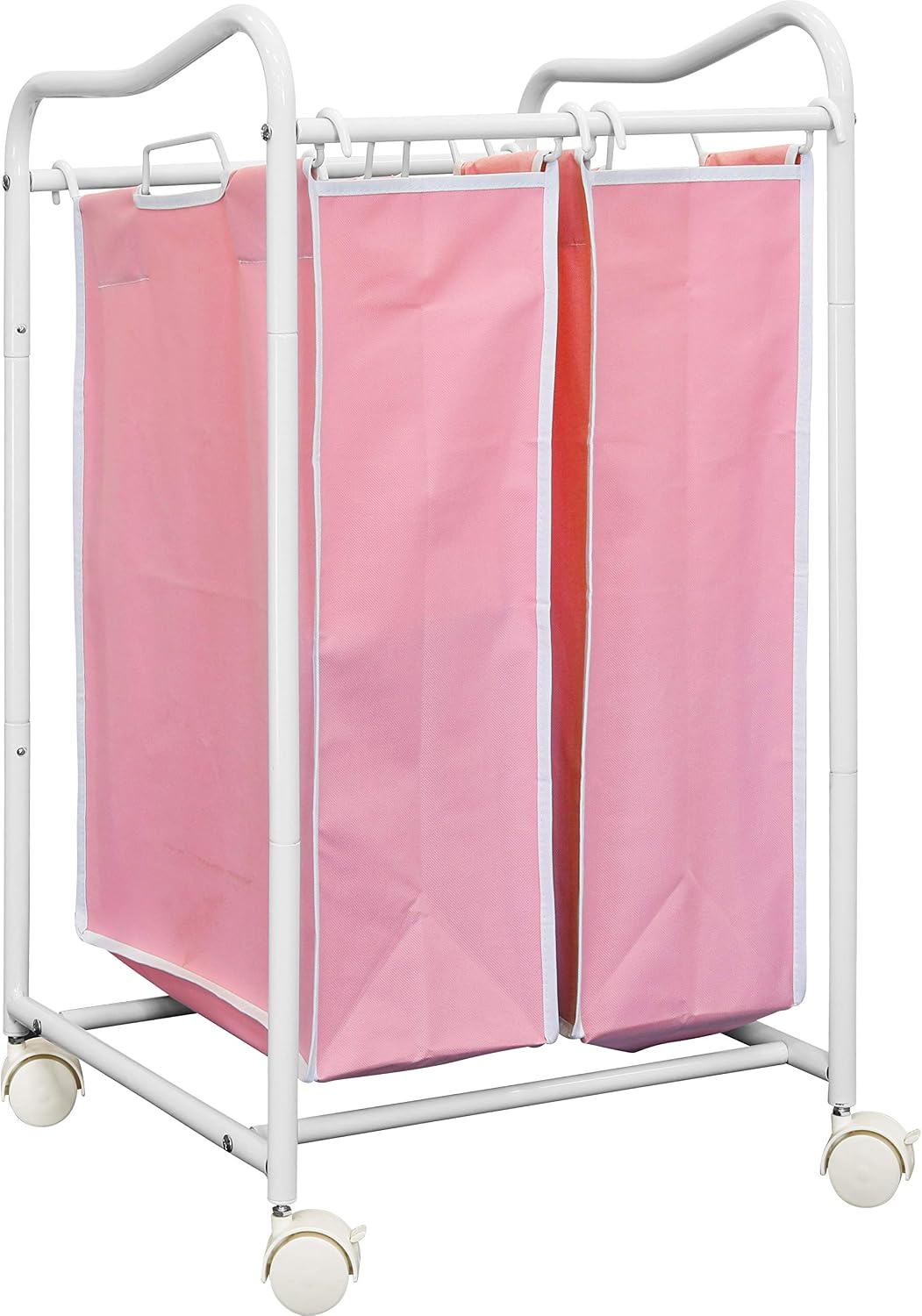 2-Bag Heavy Duty Laundry Sorter Rolling Cart, White/Pink
