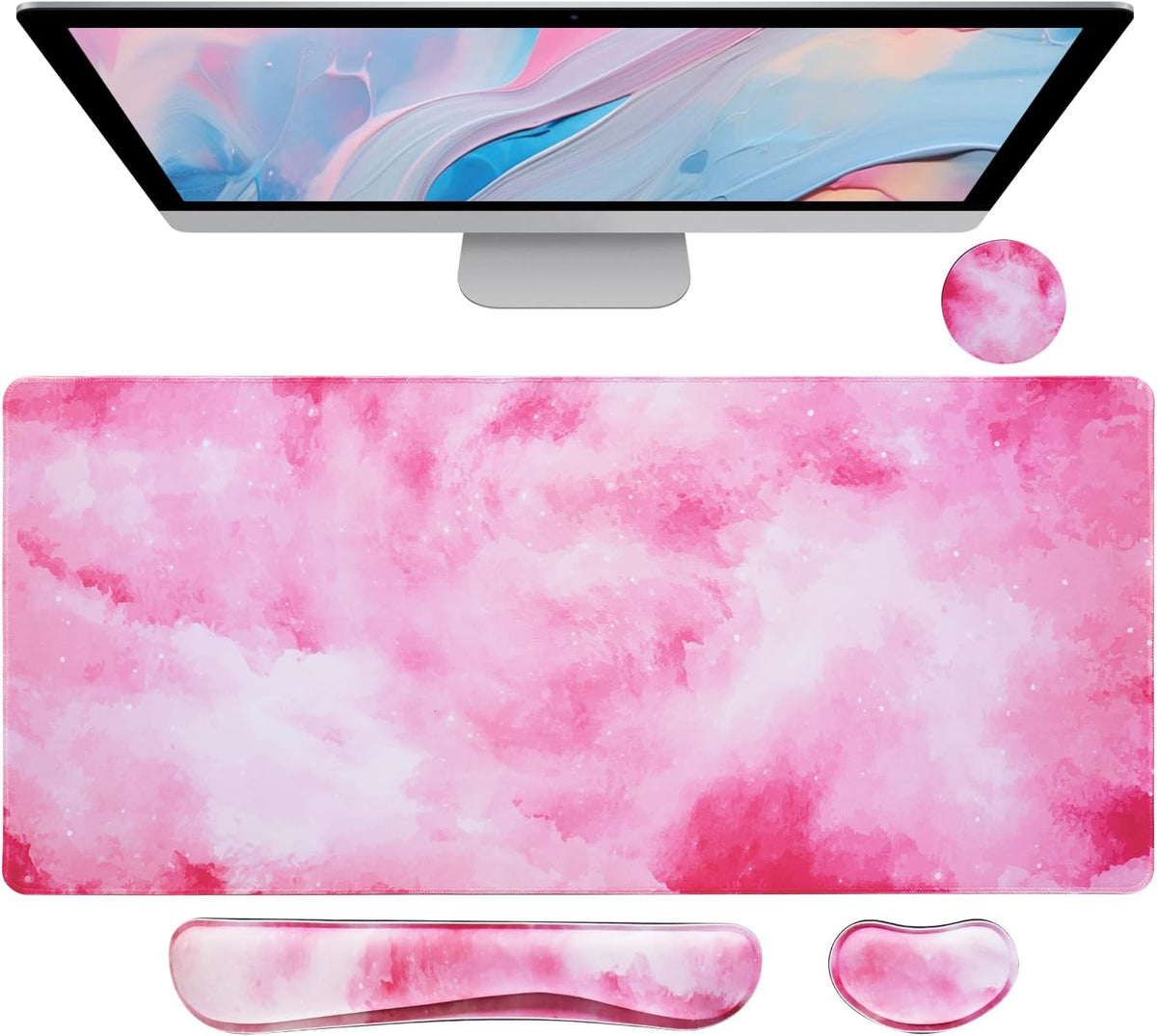 Pink Mouse Pad+Wrist Rest, 4-in-1 Larg Desk Pad Mat, Anti-Slip Keyboard Pad, Gaming Mouse Pad, Cute Desk Accessories for Keyboard and Mouse-Pink Clouds (31.5 x 15.7 Inches)