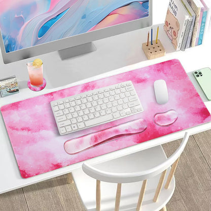 Pink Mouse Pad+Wrist Rest, 4-in-1 Larg Desk Pad Mat, Anti-Slip Keyboard Pad, Gaming Mouse Pad, Cute Desk Accessories for Keyboard and Mouse-Pink Clouds (31.5 x 15.7 Inches)