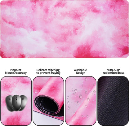 Pink Mouse Pad+Wrist Rest, 4-in-1 Larg Desk Pad Mat, Anti-Slip Keyboard Pad, Gaming Mouse Pad, Cute Desk Accessories for Keyboard and Mouse-Pink Clouds (31.5 x 15.7 Inches)