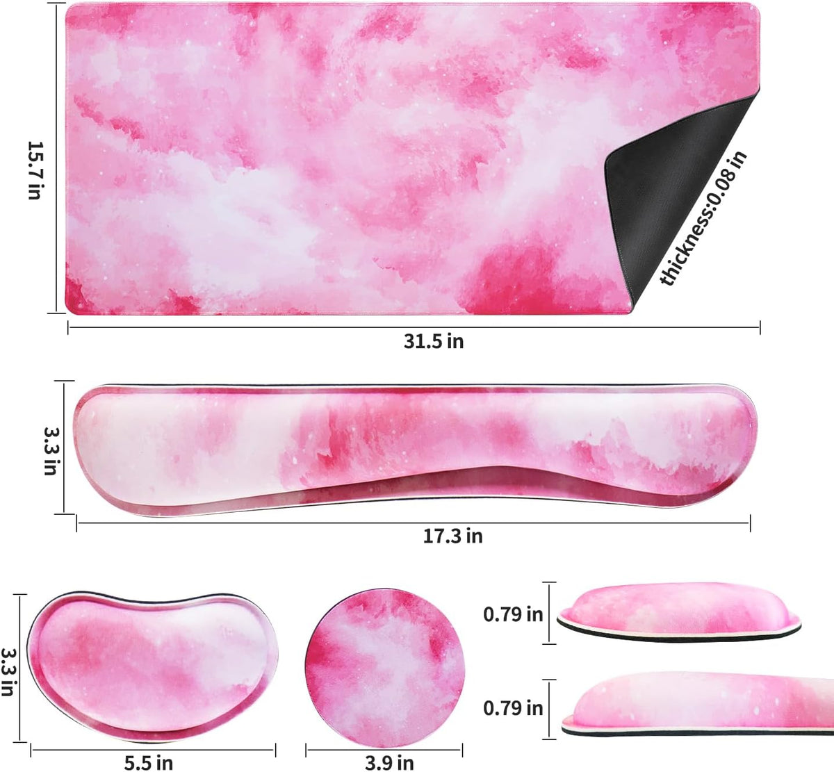 Pink Mouse Pad+Wrist Rest, 4-in-1 Larg Desk Pad Mat, Anti-Slip Keyboard Pad, Gaming Mouse Pad, Cute Desk Accessories for Keyboard and Mouse-Pink Clouds (31.5 x 15.7 Inches)