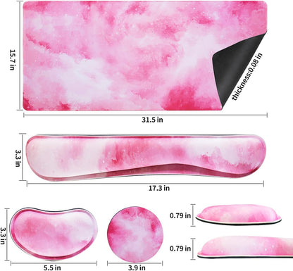 Pink Mouse Pad+Wrist Rest, 4-in-1 Larg Desk Pad Mat, Anti-Slip Keyboard Pad, Gaming Mouse Pad, Cute Desk Accessories for Keyboard and Mouse-Pink Clouds (31.5 x 15.7 Inches)
