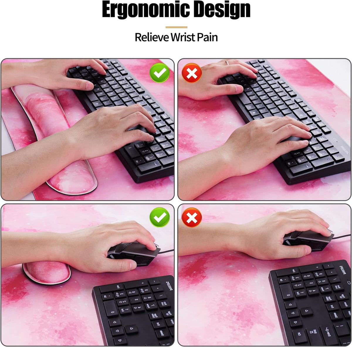 Pink Mouse Pad+Wrist Rest, 4-in-1 Larg Desk Pad Mat, Anti-Slip Keyboard Pad, Gaming Mouse Pad, Cute Desk Accessories for Keyboard and Mouse-Pink Clouds (31.5 x 15.7 Inches)