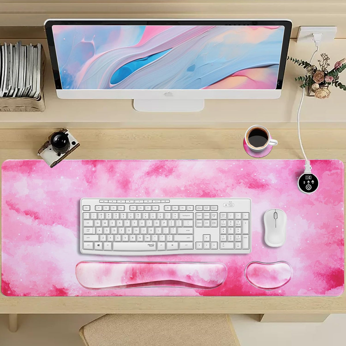 Pink Mouse Pad+Wrist Rest, 4-in-1 Larg Desk Pad Mat, Anti-Slip Keyboard Pad, Gaming Mouse Pad, Cute Desk Accessories for Keyboard and Mouse-Pink Clouds (31.5 x 15.7 Inches)