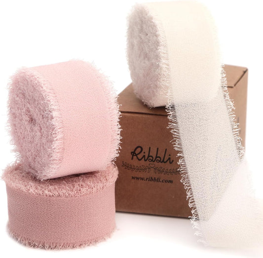 Pink Ribbon 1 Inch x 3 Rolls Total 24 Yards Cream/Blush Pink/Rose Gold Handmade Fringe Chiffon Silk Ribbon for Wrapping Wedding Invitations Bridal Bouquets DIY Crafts Home Decor