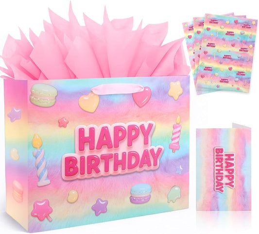 13”Pink Happy Birthday Gift Bag with Tissue Paper, Wrapping Paper and Card, Medium Size Pastel Birthday Gift Bag for Girls, Women, Party Gift Wrap Supplies
