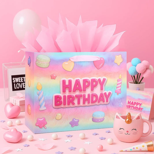 13”Pink Happy Birthday Gift Bag with Tissue Paper, Wrapping Paper and Card, Medium Size Pastel Birthday Gift Bag for Girls, Women, Party Gift Wrap Supplies