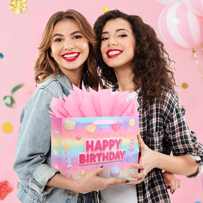 13”Pink Happy Birthday Gift Bag with Tissue Paper, Wrapping Paper and Card, Medium Size Pastel Birthday Gift Bag for Girls, Women, Party Gift Wrap Supplies