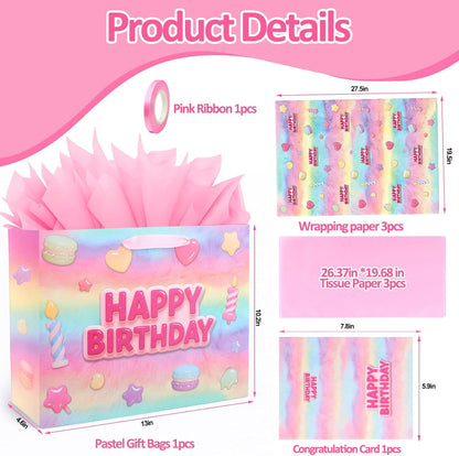 13”Pink Happy Birthday Gift Bag with Tissue Paper, Wrapping Paper and Card, Medium Size Pastel Birthday Gift Bag for Girls, Women, Party Gift Wrap Supplies