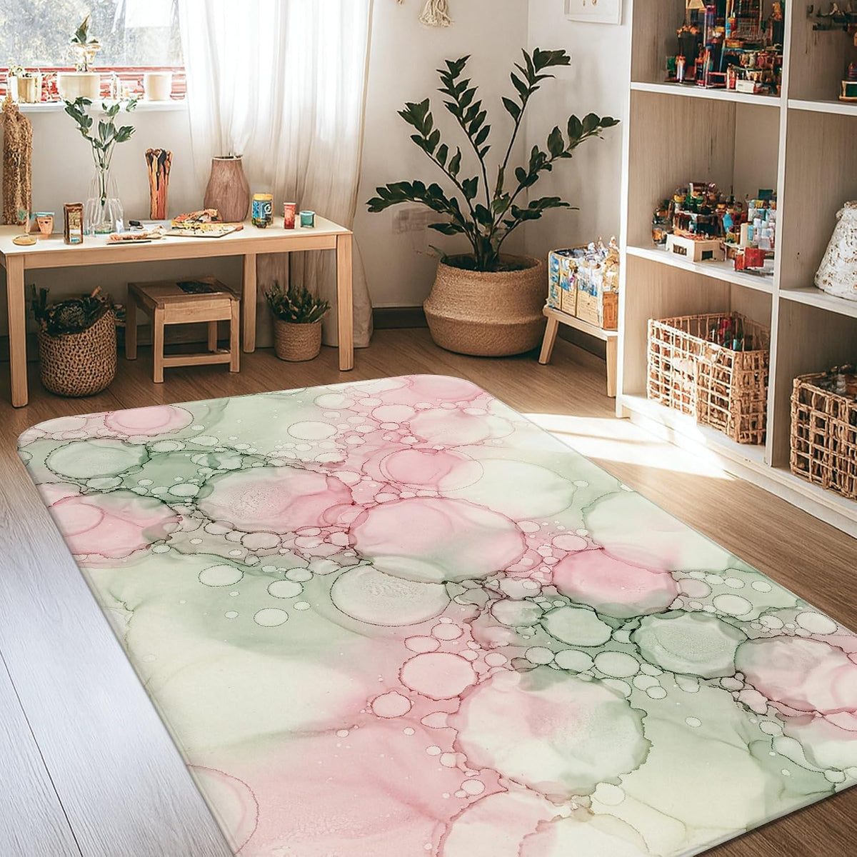 Bubbles Area Rug, Modern Artistic Circles Abstract Spring Peach Non-Slip Aesthetic Rectangle Home Floor Carpet Rugs for Living Room Bedroom Hallway Office Decor 4' X 6'