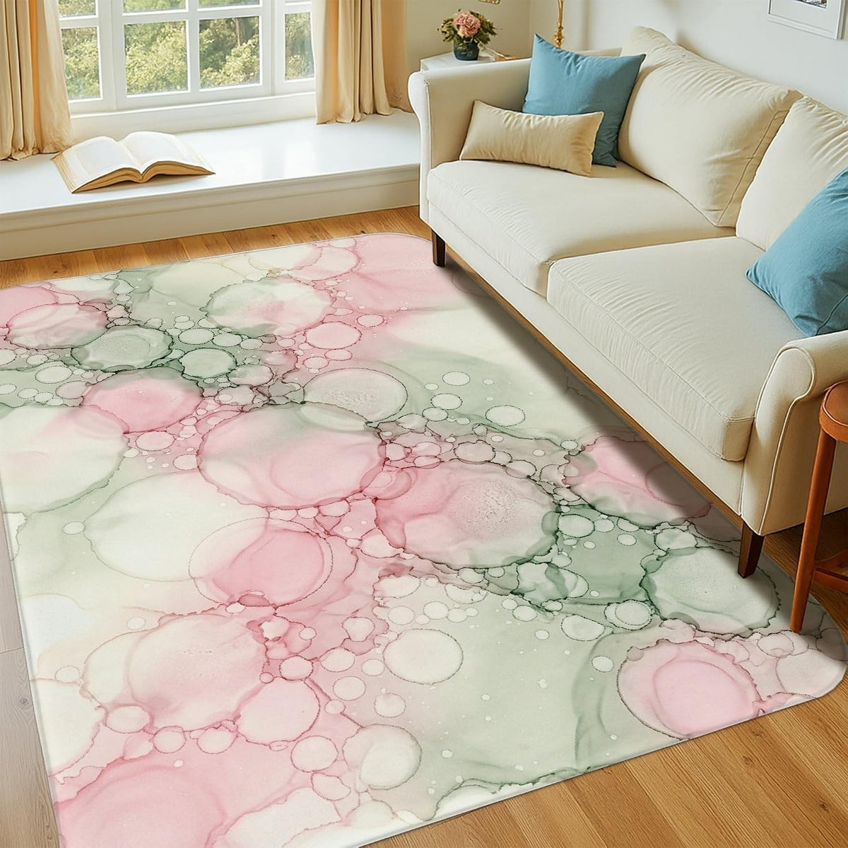 Bubbles Area Rug, Modern Artistic Circles Abstract Spring Peach Non-Slip Aesthetic Rectangle Home Floor Carpet Rugs for Living Room Bedroom Hallway Office Decor 4' X 6'
