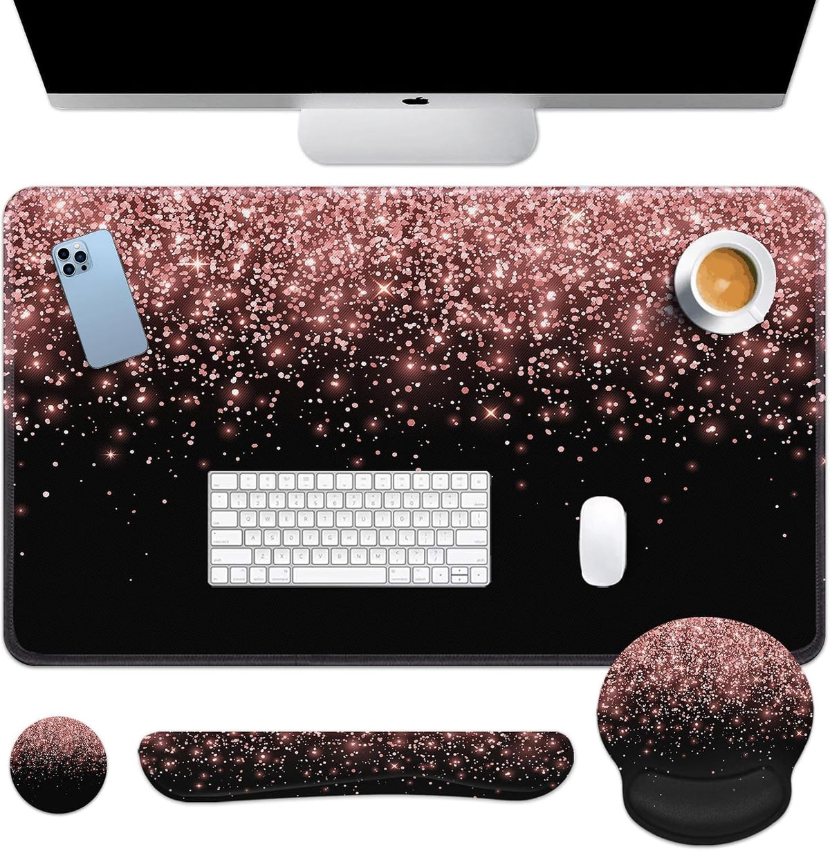 Keyboard Mouse Pad Set, 4 in 1 Desk Mat Set, Pink Rose Gold