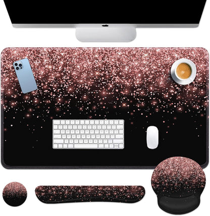 Keyboard Mouse Pad Set, 4 in 1 Desk Mat Set, Pink Rose Gold