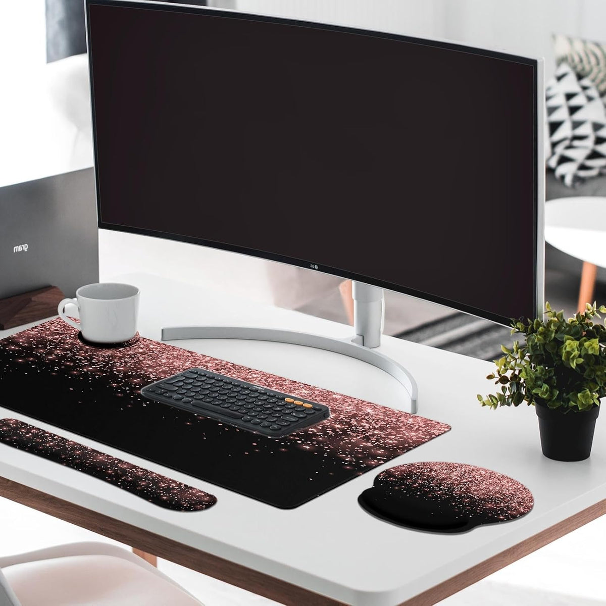 Keyboard Mouse Pad Set, 4 in 1 Desk Mat Set, Pink Rose Gold