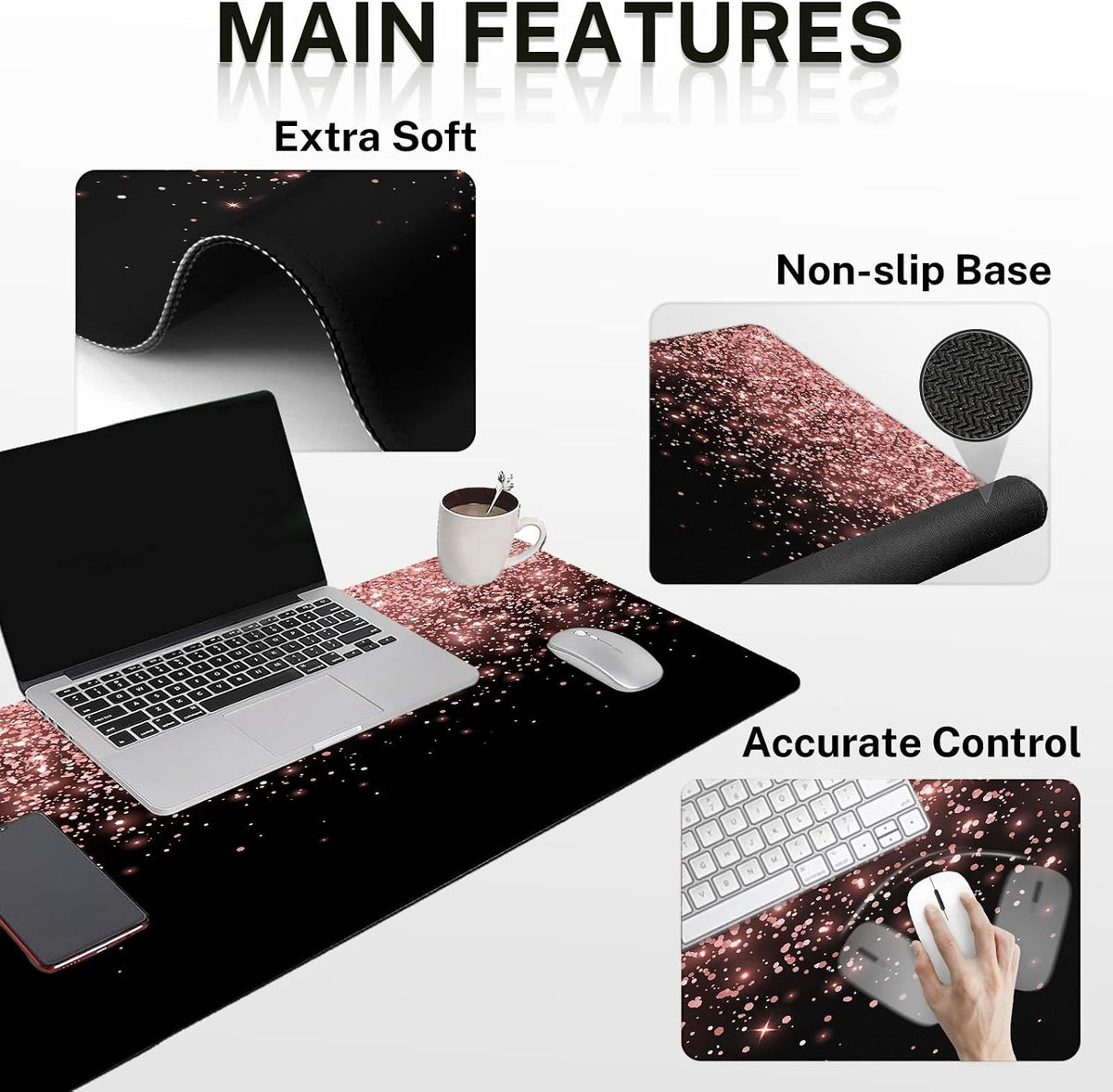 Keyboard Mouse Pad Set, 4 in 1 Desk Mat Set, Pink Rose Gold