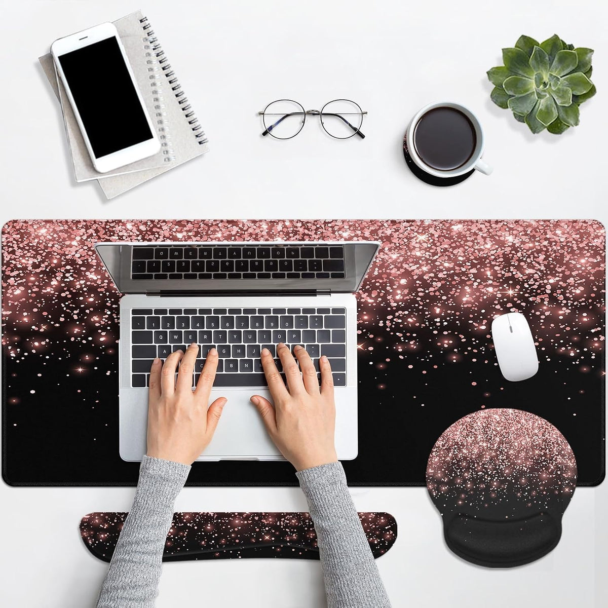 Keyboard Mouse Pad Set, 4 in 1 Desk Mat Set, Pink Rose Gold