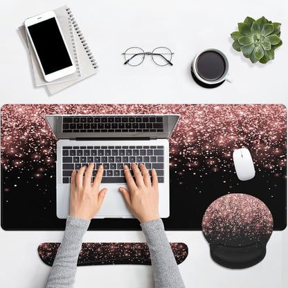 Keyboard Mouse Pad Set, 4 in 1 Desk Mat Set, Pink Rose Gold