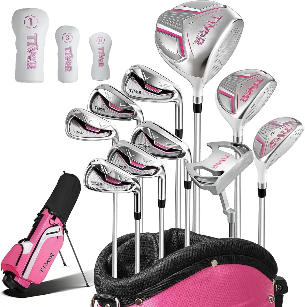 Golf Clubs Set Complete 14-Piece with Driver Fairway Hybrid Irons Putter Stand Bag & 3 Headcovers for Men Women Right Left Handed - Beginner Golf Sets Pink Black