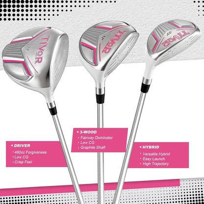 Golf Clubs Set Complete 14-Piece with Driver Fairway Hybrid Irons Putter Stand Bag & 3 Headcovers for Men Women Right Left Handed - Beginner Golf Sets Pink Black