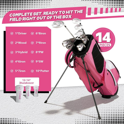 Golf Clubs Set Complete 14-Piece with Driver Fairway Hybrid Irons Putter Stand Bag & 3 Headcovers for Men Women Right Left Handed - Beginner Golf Sets Pink Black