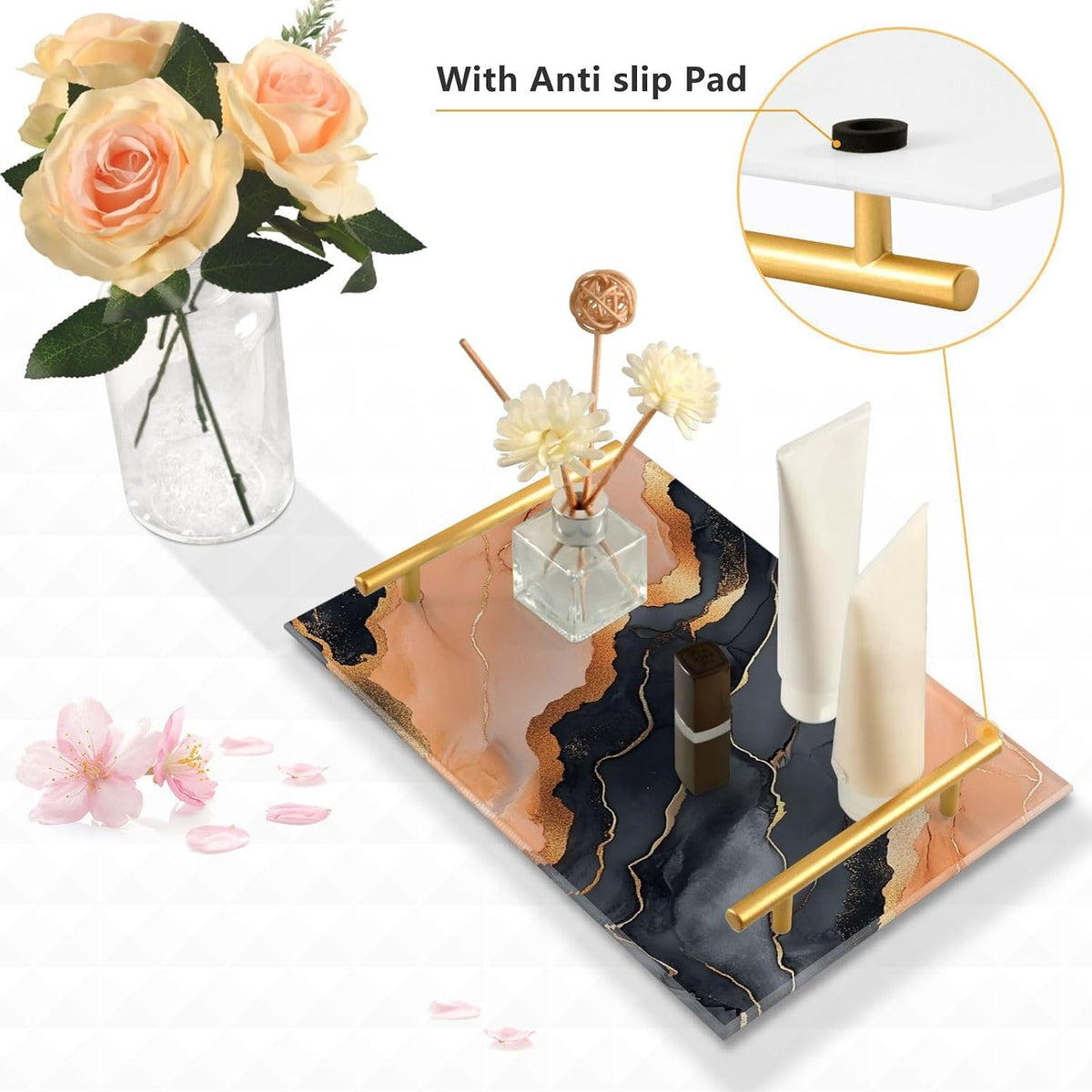 Marble Black Peach Decorative Tray with Handles with Handles Plastic Food Tray for Jewelry Perfume for Food Carrying bandeja Blanca para servir