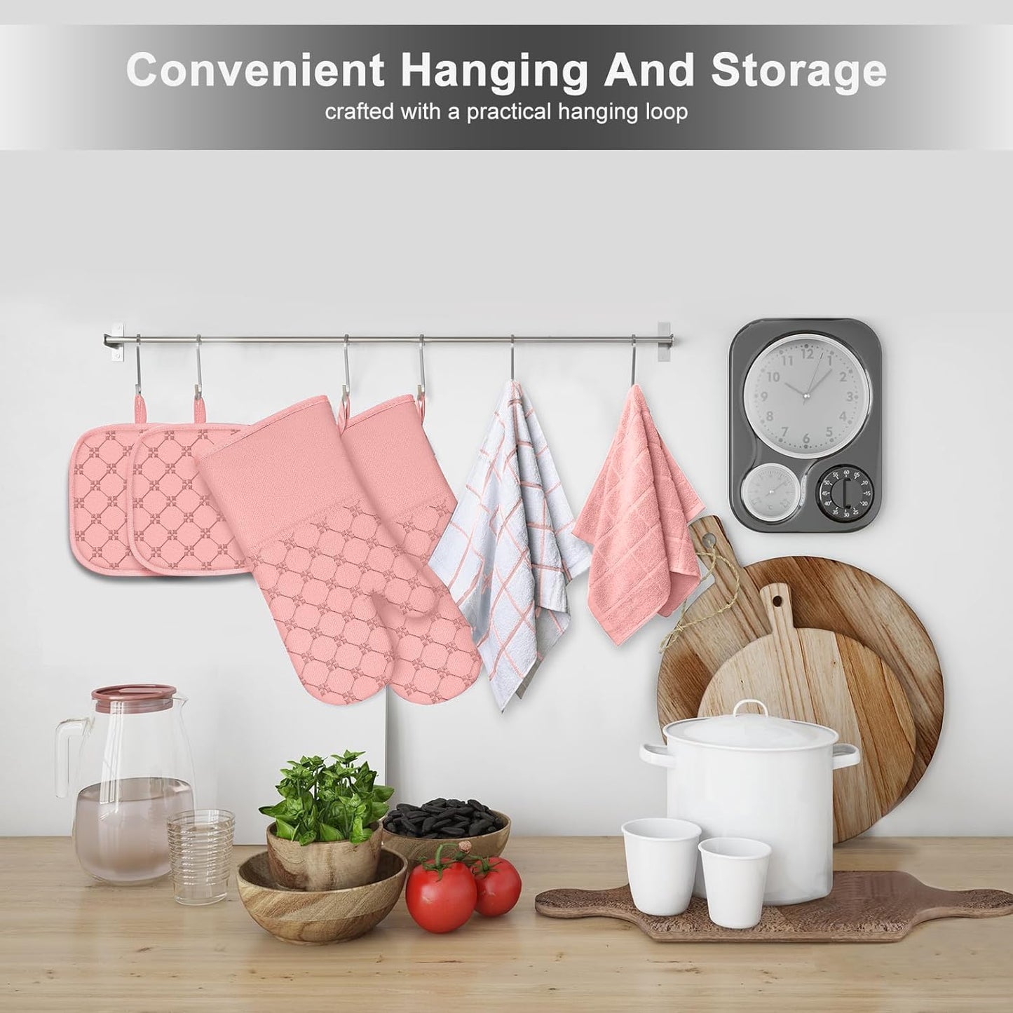 Oven Mitts Kitchen Towels Dishcloths with Pot Holders Sets 12PCS, Dish Towels Sets, Oven Gloves Pot Pads Heat Resistant 500 Degrees with Non-Slip Silicone Surface for Cooking Baking Grilling-Pink
