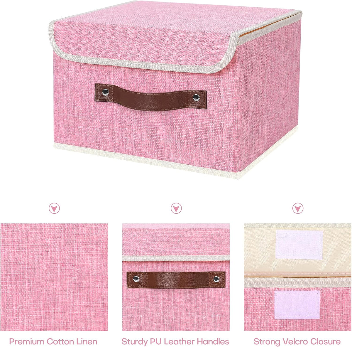 Fabric Storage Box Bins with Lids, Pink, 10"x8"x7"