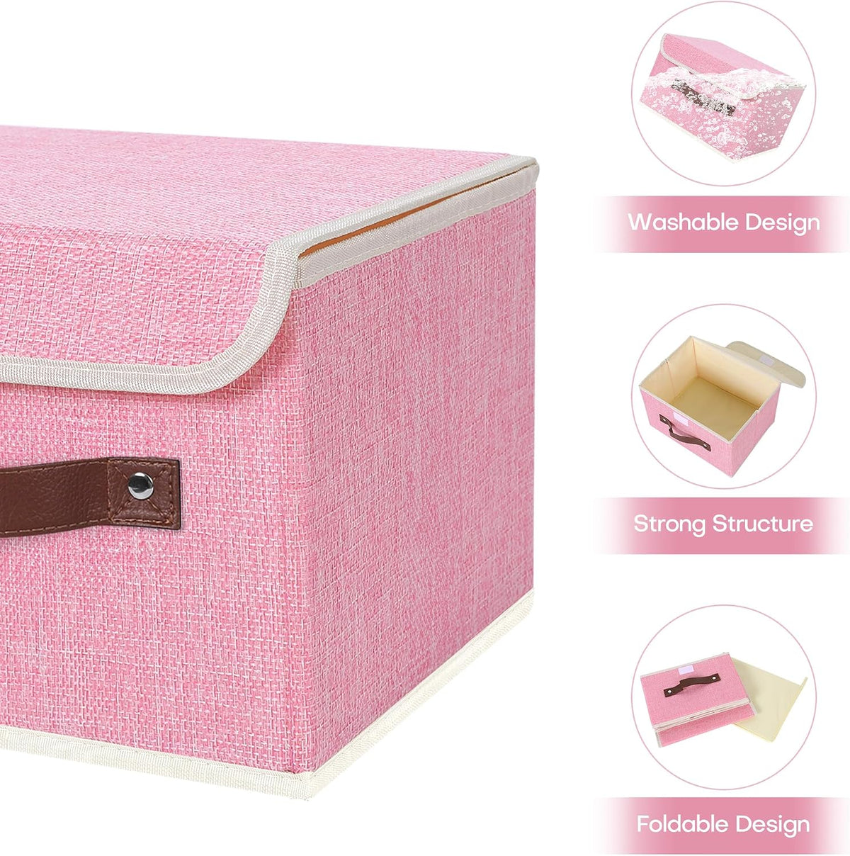 Fabric Storage Box Bins with Lids, Pink, 10"x8"x7"
