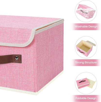Fabric Storage Box Bins with Lids, Pink, 10"x8"x7"