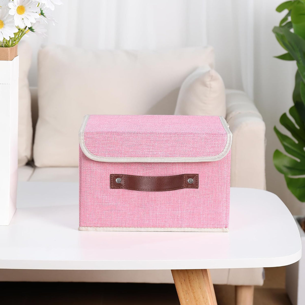Fabric Storage Box Bins with Lids, Pink, 10"x8"x7"