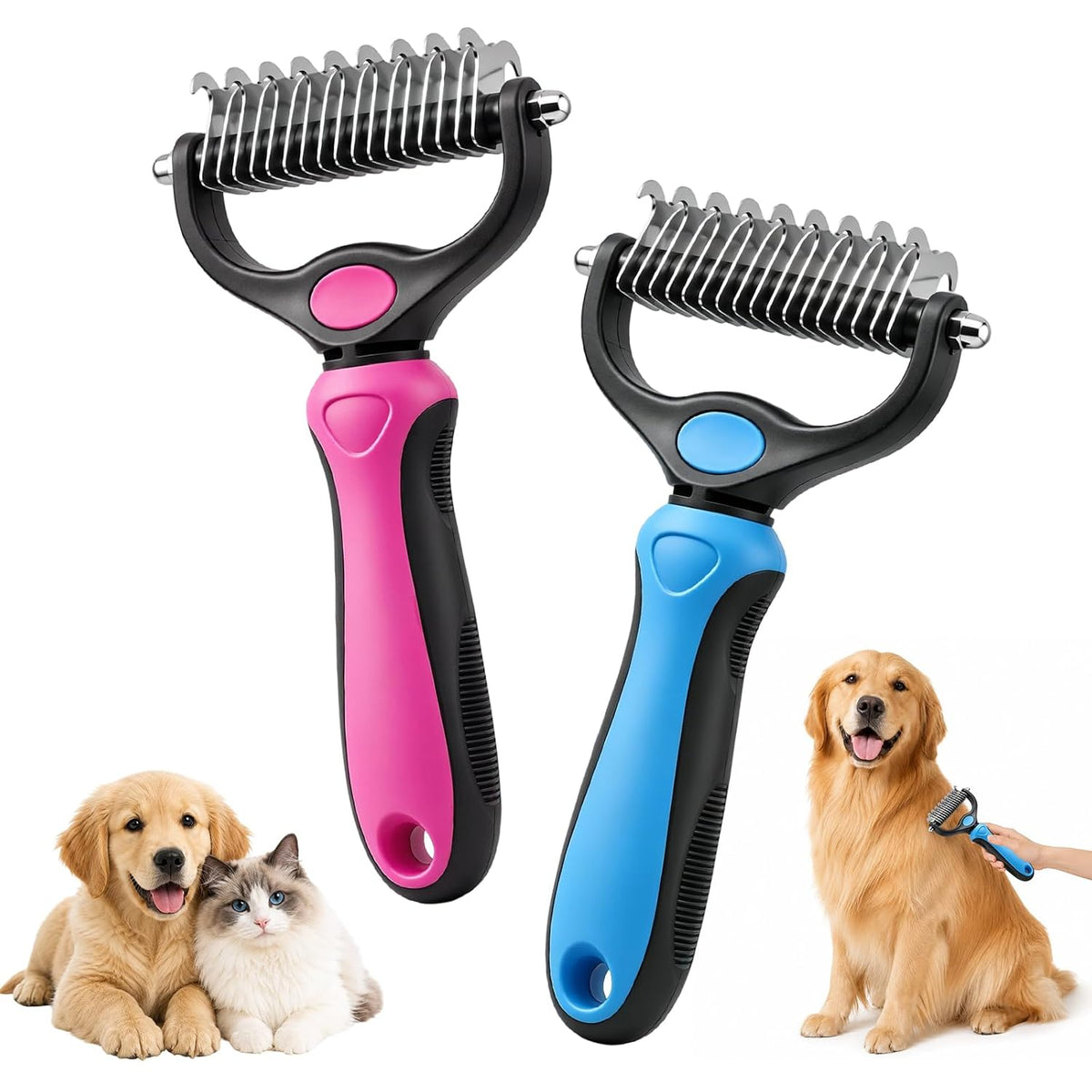Dematting Comb for Dogs and Cats, Pet Grooming Rake, Double Sided Deshedding Brush for Dogs & Cats, Deshedding Dog Brush Removes Tangles Knots and Loose Fur for Long Haired Pets (Blue+pink)