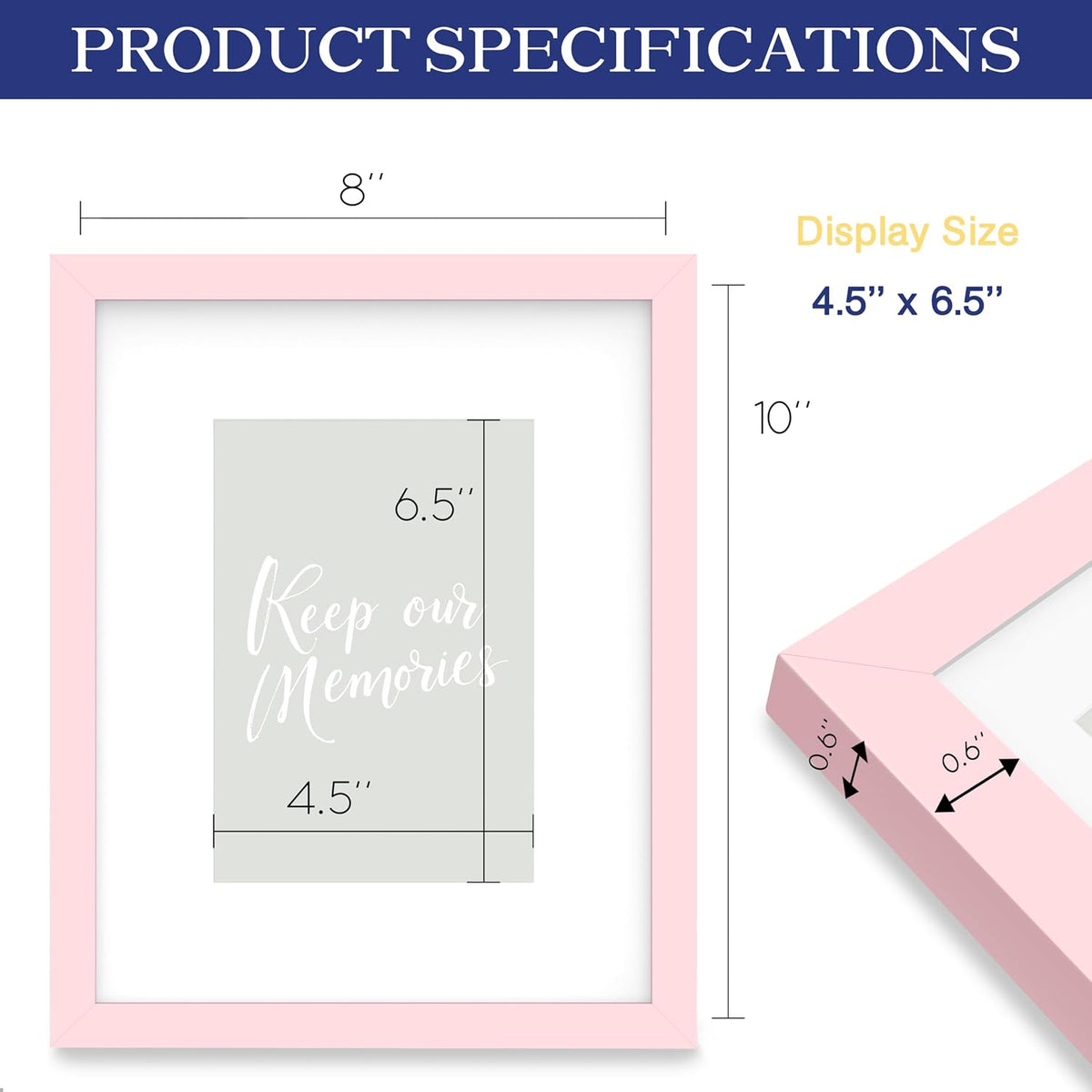 8 x 10 Picture Frame, 1Pack, Pink Photo Frames, Wooden Frame with High Definition Tempered Glass for Wall and Tabletop Display
