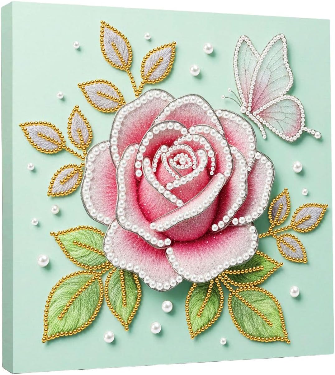BAYUNOE DIY Pearl Painting Kit for Adults Pearl Gemstone Diamond Dots Beads Craft Kits with Frame 9.84x9.84in Display Wood Wall Tabletop Hanging Standing Ornaments Home Decor-Pink Rose