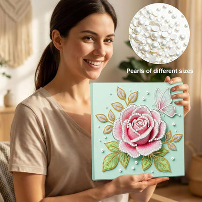 BAYUNOE DIY Pearl Painting Kit for Adults Pearl Gemstone Diamond Dots Beads Craft Kits with Frame 9.84x9.84in Display Wood Wall Tabletop Hanging Standing Ornaments Home Decor-Pink Rose
