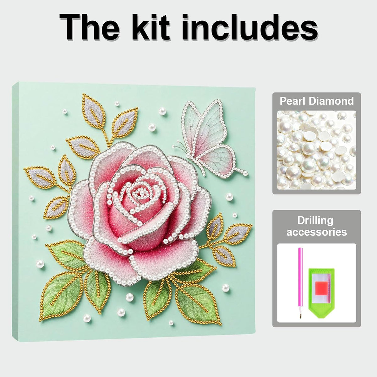 BAYUNOE DIY Pearl Painting Kit for Adults Pearl Gemstone Diamond Dots Beads Craft Kits with Frame 9.84x9.84in Display Wood Wall Tabletop Hanging Standing Ornaments Home Decor-Pink Rose
