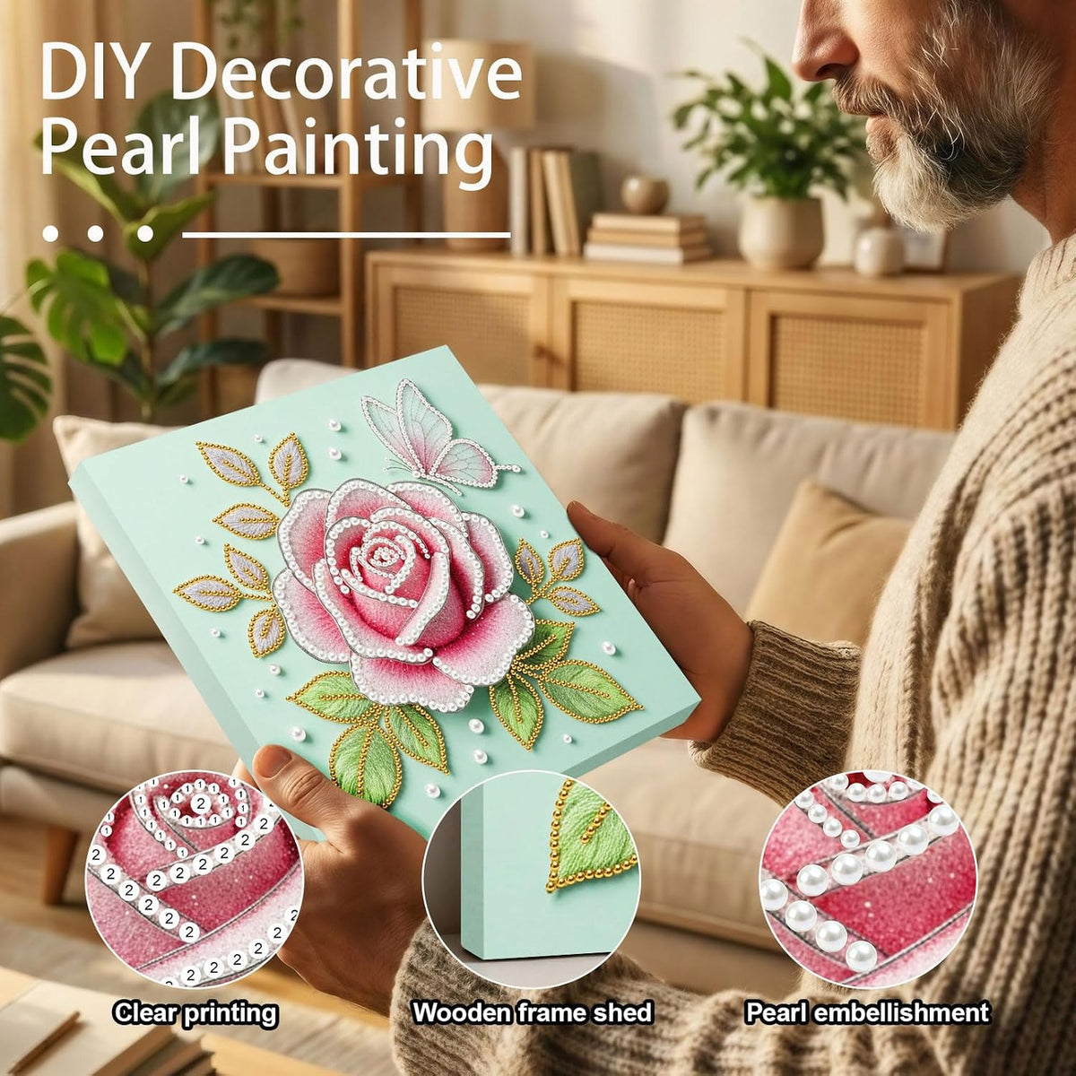 BAYUNOE DIY Pearl Painting Kit for Adults Pearl Gemstone Diamond Dots Beads Craft Kits with Frame 9.84x9.84in Display Wood Wall Tabletop Hanging Standing Ornaments Home Decor-Pink Rose