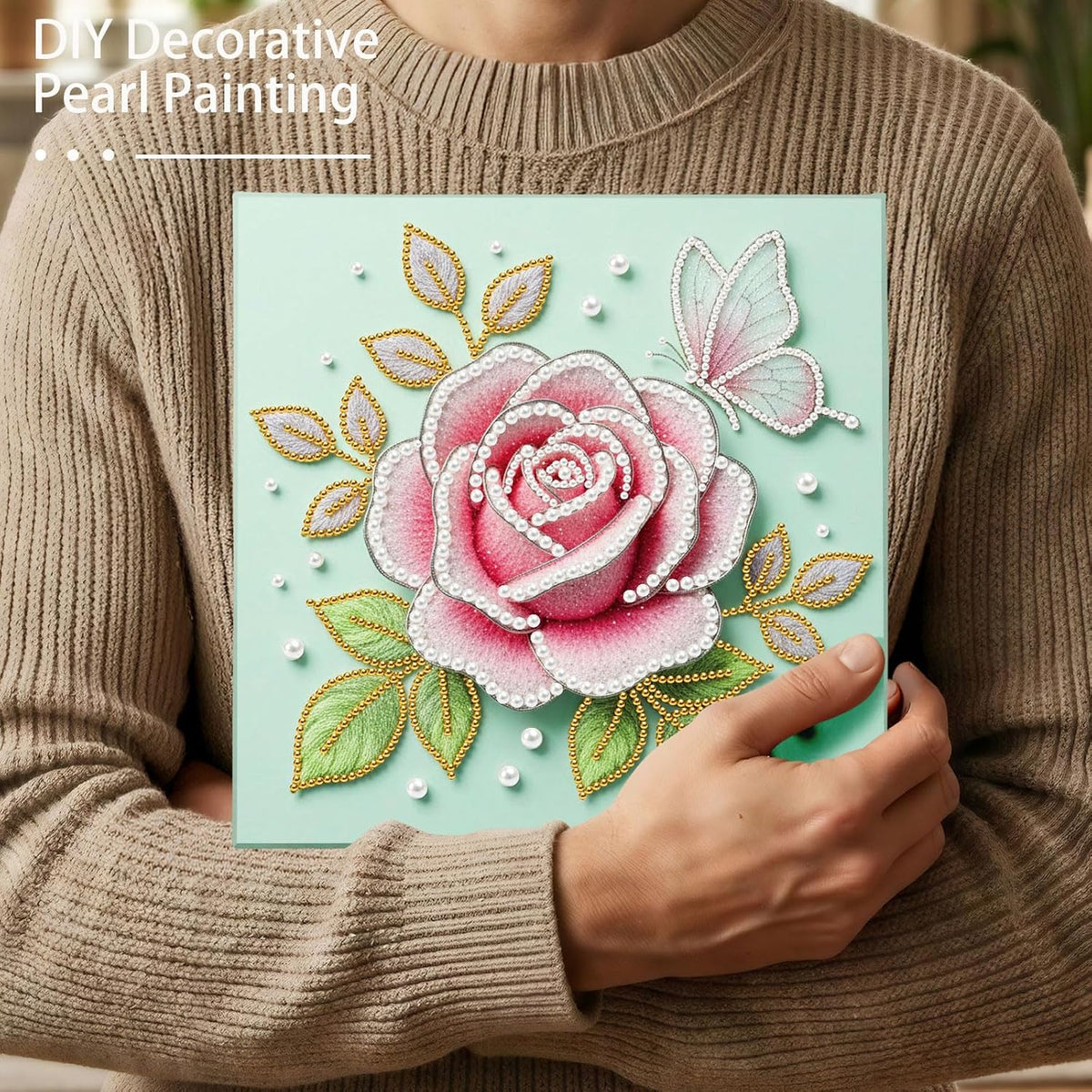 BAYUNOE DIY Pearl Painting Kit for Adults Pearl Gemstone Diamond Dots Beads Craft Kits with Frame 9.84x9.84in Display Wood Wall Tabletop Hanging Standing Ornaments Home Decor-Pink Rose