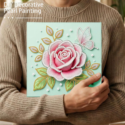 BAYUNOE DIY Pearl Painting Kit for Adults Pearl Gemstone Diamond Dots Beads Craft Kits with Frame 9.84x9.84in Display Wood Wall Tabletop Hanging Standing Ornaments Home Decor-Pink Rose