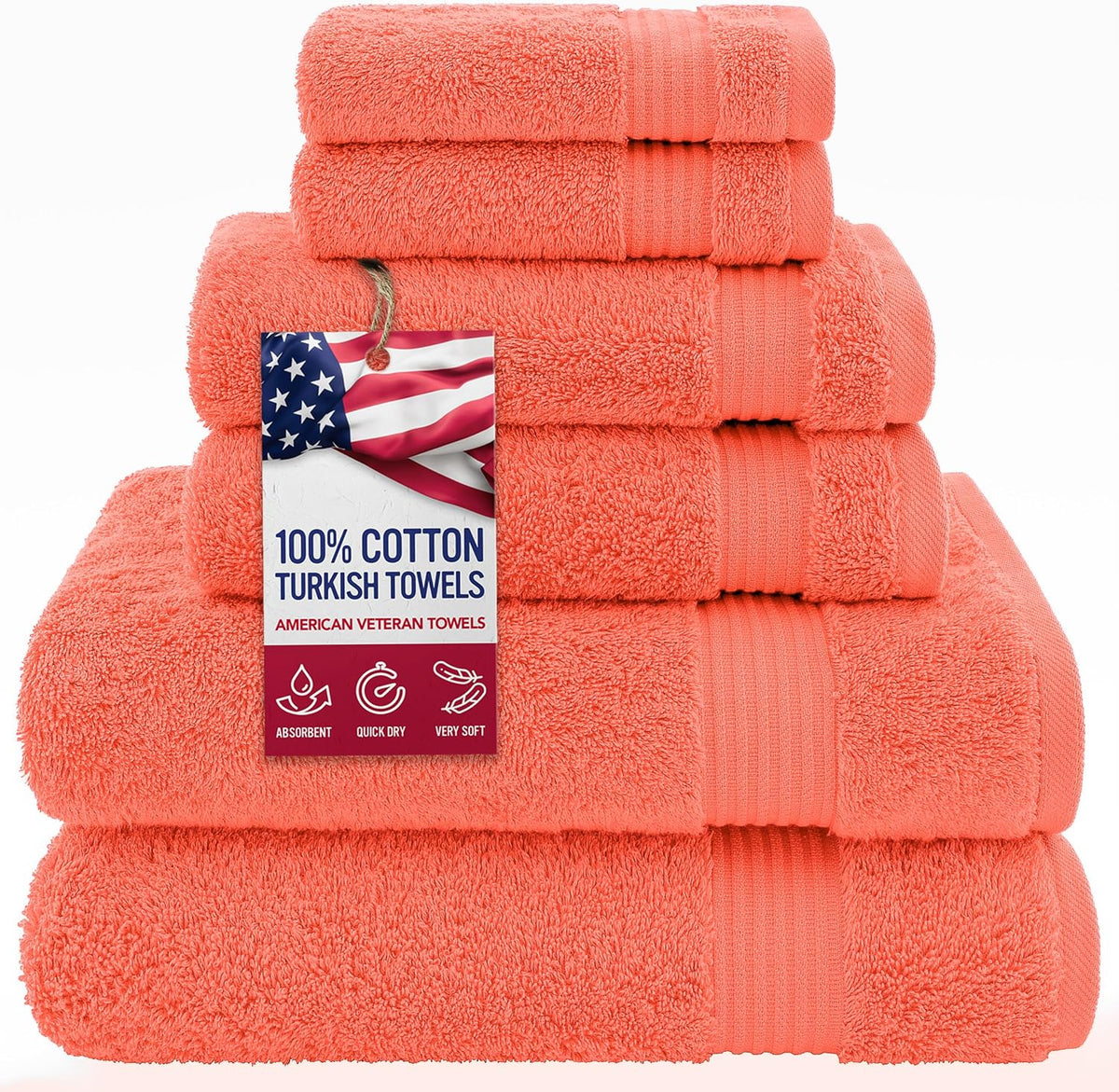 100% Cotton Turkish 6 Piece Towel Set, Luxury Towels Set of 6 for Bathroom Essentials, 2 Bath Towels 2 Hand Towels 2 Washcloths, Coral
