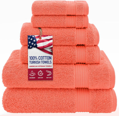 100% Cotton Turkish 6 Piece Towel Set, Luxury Towels Set of 6 for Bathroom Essentials, 2 Bath Towels 2 Hand Towels 2 Washcloths, Coral