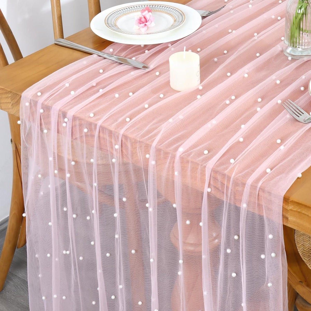 Pearl Table Runner 10FT Pink Tulle Fabric Table Runner Decoration