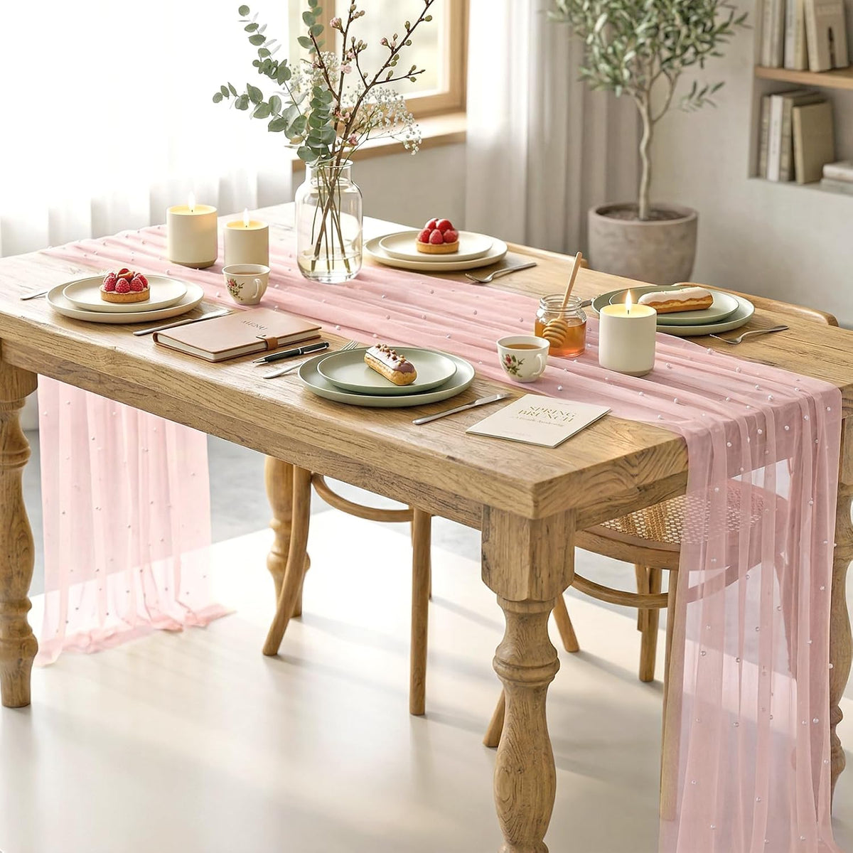 Pearl Table Runner 10FT Pink Tulle Fabric Table Runner Decoration