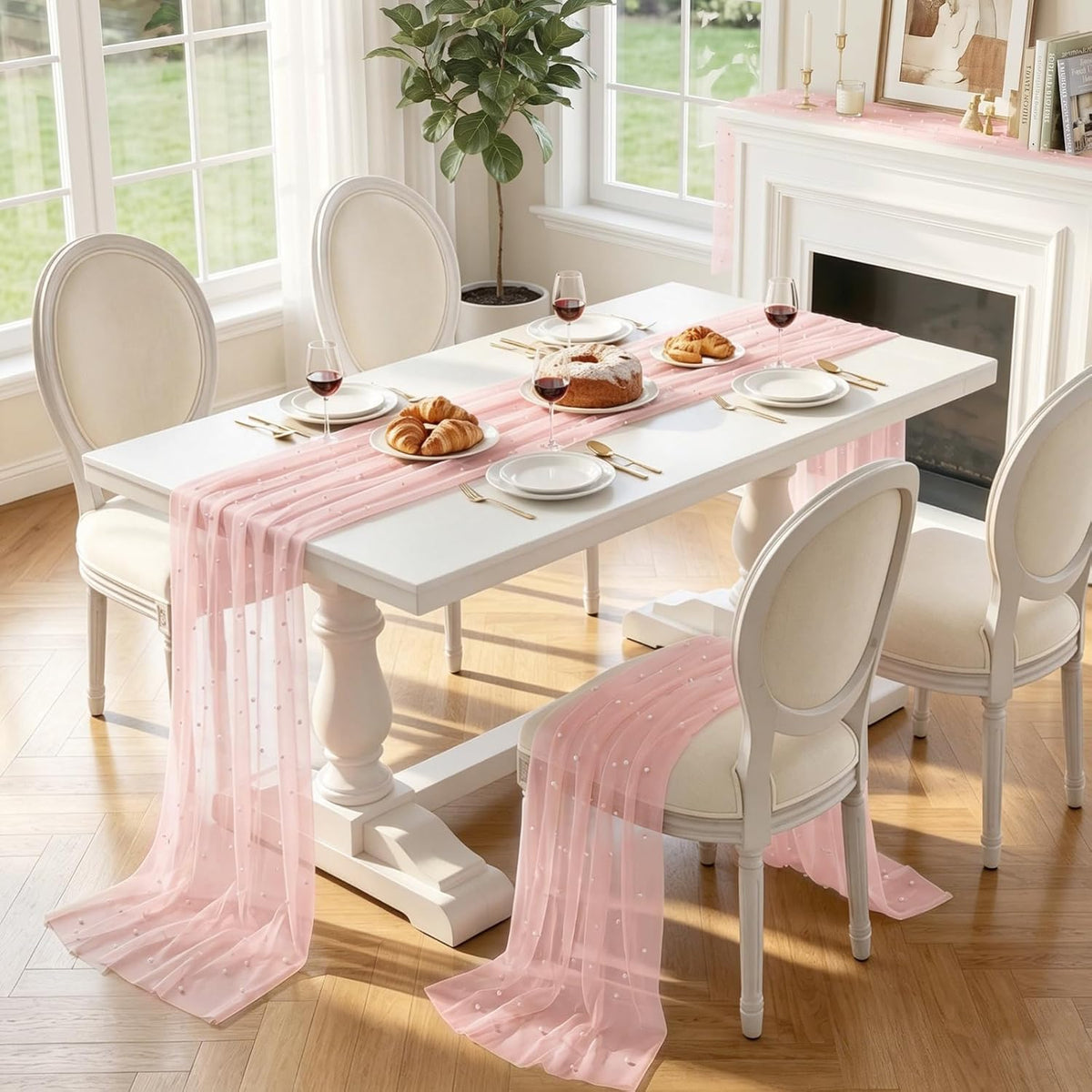 Pearl Table Runner 10FT Pink Tulle Fabric Table Runner Decoration