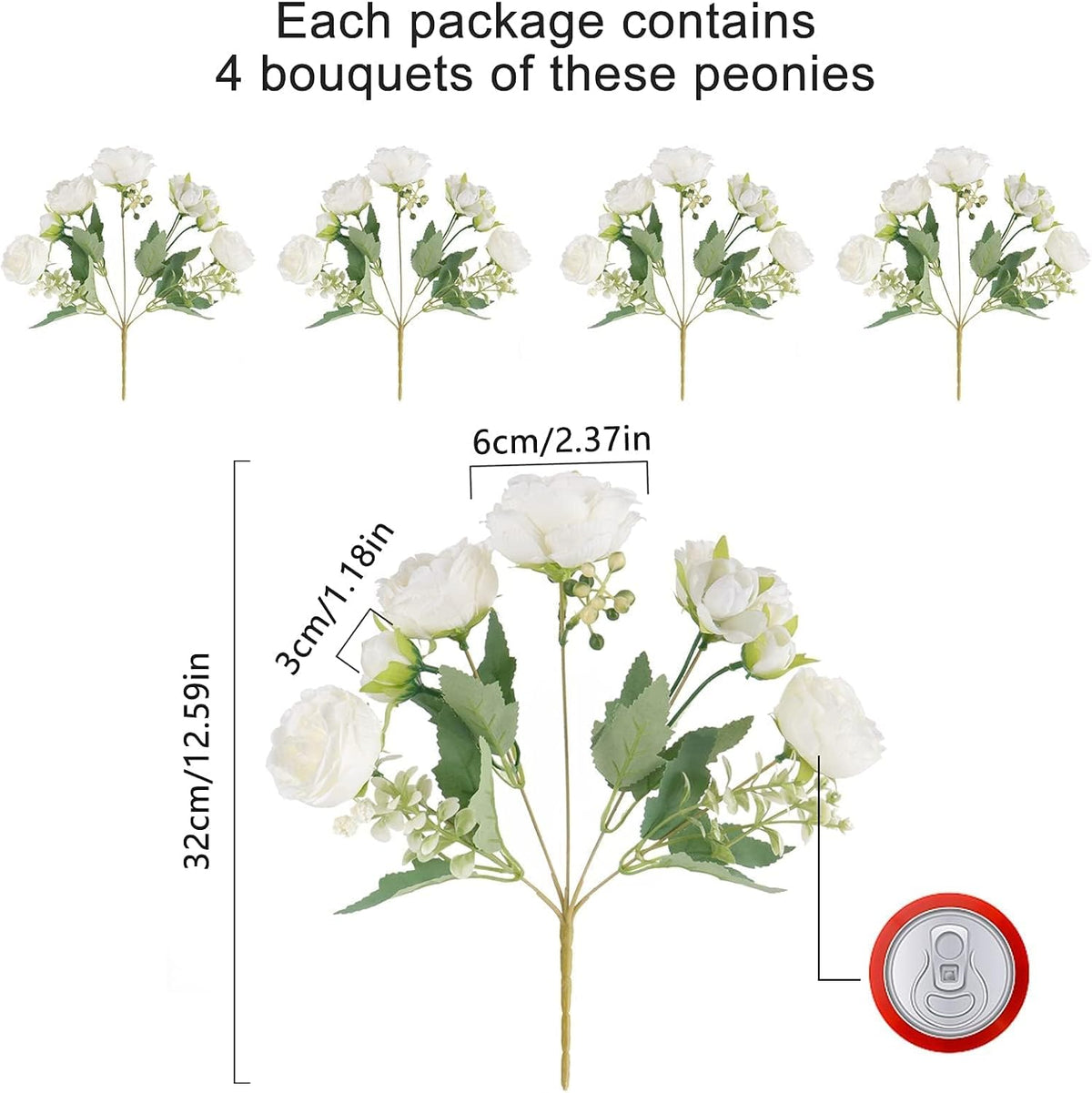 4 Bundles Artificial Peonies Silk Flowers, White Faux Peony Bouquet Florals Arrangements Decor for Farmhouse Home Boho Wedding Table Centerpiece, Fake Plastic Flowers Bulk Vase Decoration (White)