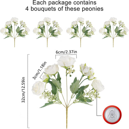 4 Bundles Artificial Peonies Silk Flowers, White Faux Peony Bouquet Florals Arrangements Decor for Farmhouse Home Boho Wedding Table Centerpiece, Fake Plastic Flowers Bulk Vase Decoration (White)