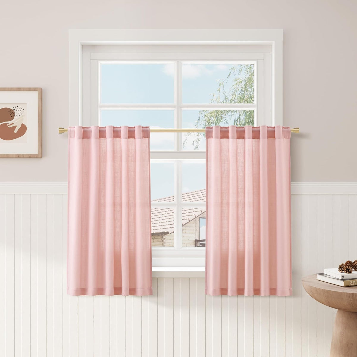 Pink Linen Cafe Kitchen Short Curtains 24 Inch Length 2 Panels Semi Sheer Linen Rustic Curtain Light Filtering Valances with Back Tab Rod Pocket for Boho Small Windows Cafe Girl Bathroom 30Wx24L